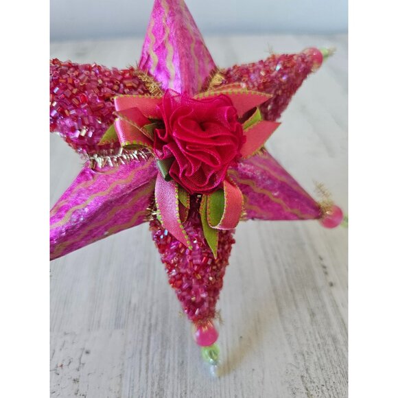 Sequin star beaded ribbon ornament pink Xmas tree green very unique well made - Picture 3 of 9